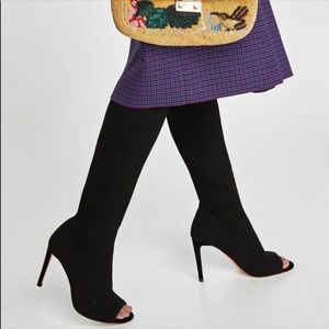 ZARA BLACK OVER THE KNEE OPEN TOE BOOTS